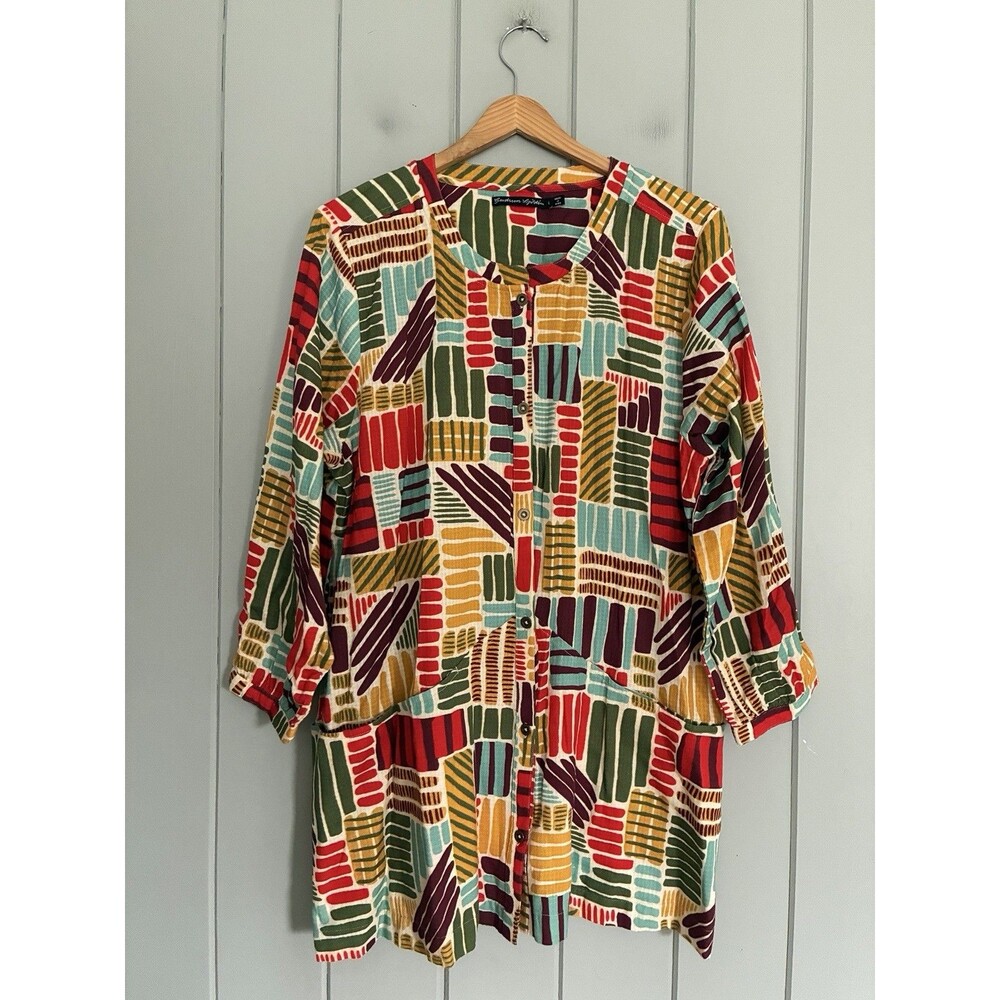 Gudrun Sjoden Tunic Top L Large Abstract Multicolor Stripe Cotton Pockets Button